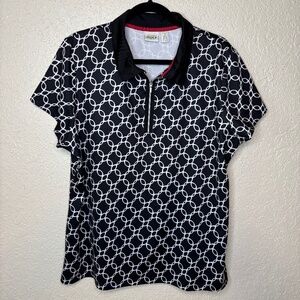 Chico's Size 3 Golf Shirt Black White Print Short Sleeve Top Women's Size XL